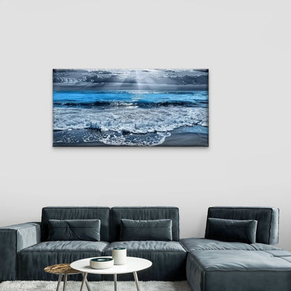 Beach Waves Sand Blue Wall Art Canvas Office Home Room Framed 120x60cm