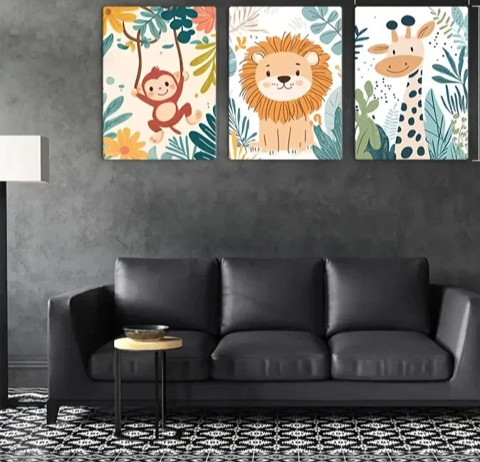 3pcs Cartoon Style Monkeys Lions and Giraffes Metal Print Ready to Hang Art - Bella Home Decor