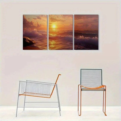 3pcs Sunset Ocean Waves Scenery Metal Print Ready to Hang Art - Bella Home Decor