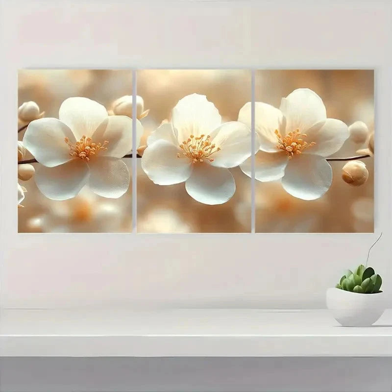 3pcs Serene Elegant White Flower Prints Metal Print Ready to Hang Art - Bella Home Decor