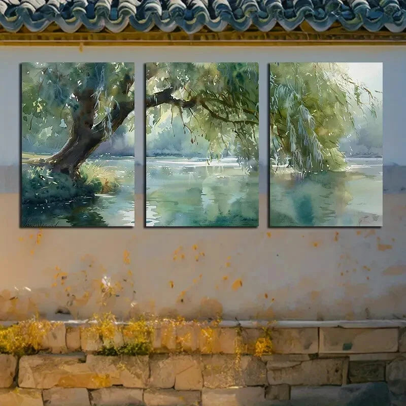 3pcs Vibrant Nature Inspired Willow tree with Lake Metal Print Ready to Hang Art - Bella Home Decor