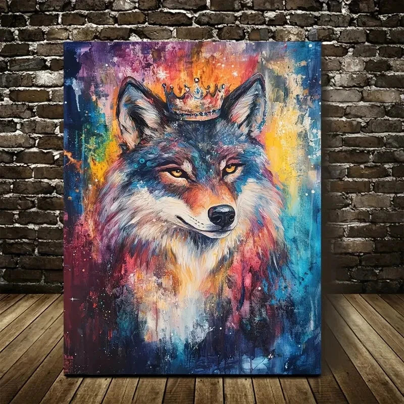 Vibrant Stardust Wolf with Crown Colorful Abstract 40x60cm Metal Print Ready to Hang
