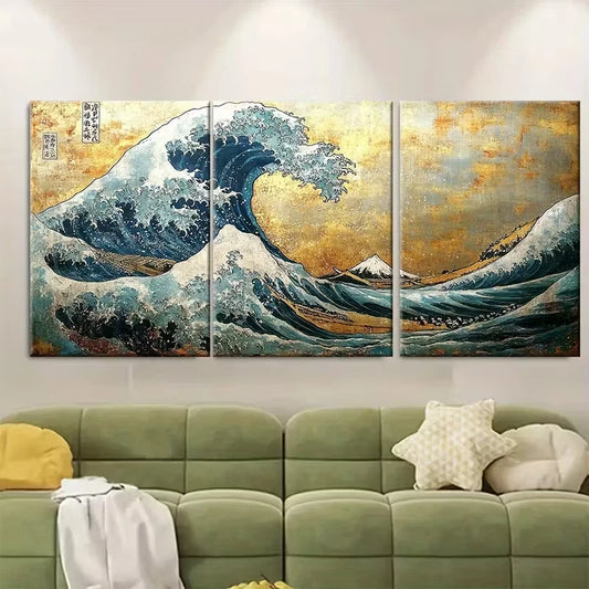 3pcs Katsushika Hokusai The Great Wave off Kanaga Metal Print Ready to Hang Art