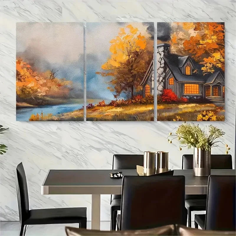 3pcs Fall Cabin In Woods Acrylic Design Metal Print Ready to Hang Art