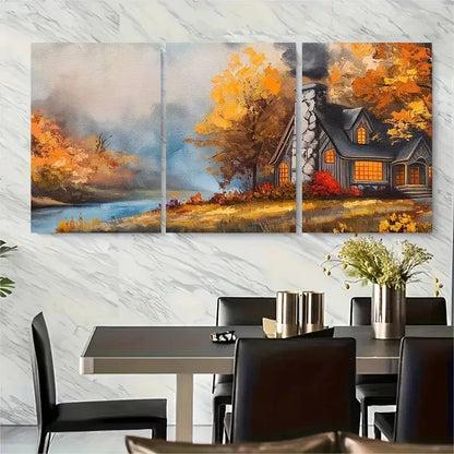 3pcs Fall Cabin In Woods Acrylic Design Metal Print Ready to Hang Art