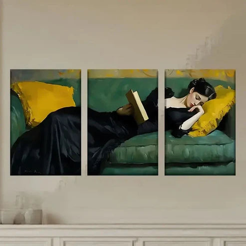 3pcs a Woman Laying on a Couch Reading a Book Wall Art Set Canvas Unframed - High Quality Print 100% Australian Made Wall Canvas