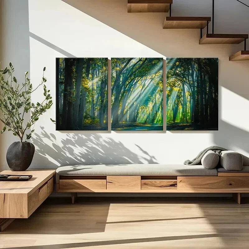3pcs Forest Trees Sunshine Tyndall Effect Wall Art Set Canvas Framed 60x90cm - High Quality Print 100% Australian Made Wall Canvas Ready to Hang - Bella Home Decor