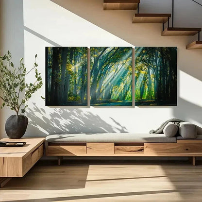3pcs Forest Trees Sunshine Tyndall Effect Wall Art Set Canvas Framed 60x90cm - High Quality Print 100% Australian Made Wall Canvas Ready to Hang - Bella Home Decor