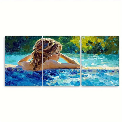 3pcs Woman by Pool Relaxing Summer Tranquility Wall Art Set Canvas Framed 40x60cm - High Quality Print 100% Australian Made Wall Canvas Ready to Hang