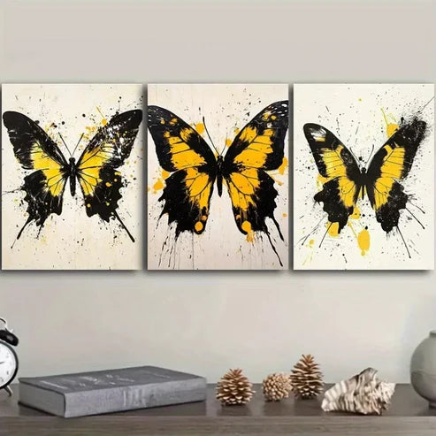 3pcs Black and Yellow Butterflies Colorful Wall Art Set Canvas Unframed - High Quality Print 100% Australian Made Wall Canvas - Bella Home Decor