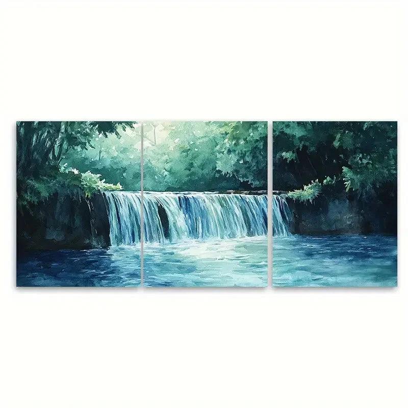 3pcs Forest Waterfall Cascade Watercolor Wall Art Set Canvas Framed 60x90cm - High Quality Print 100% Australian Made Wall Canvas Ready to Hang - Bella Home Decor
