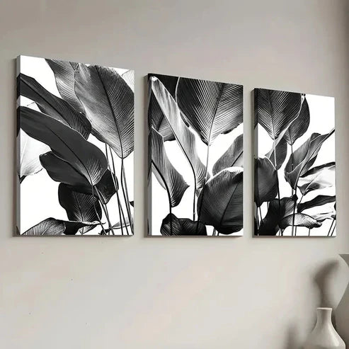 3pcs Black and White Nature Plant Leaf Wall Art Canvas Unframed – High Quality Print 100% Australian Made Wall Canvas - Bella Home Decor