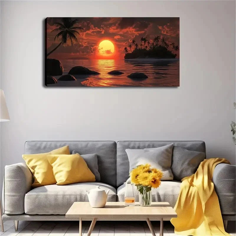 Red Sunset Over The Sea Décor Wall Art Canvas Office Home Room Framed 120x60cm - Bella Home Decor