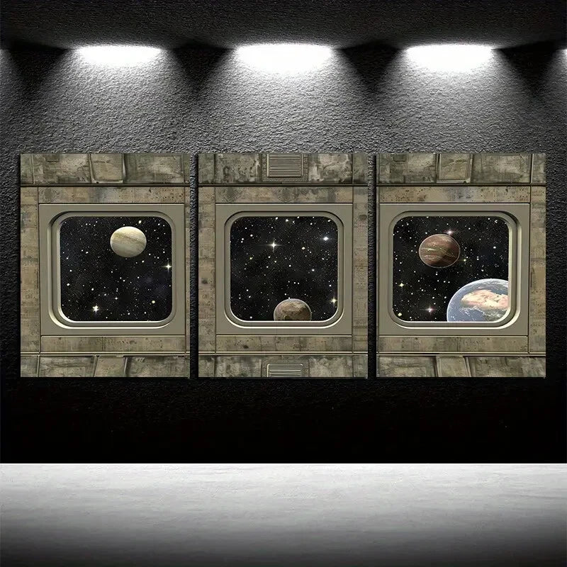 3pcs Dark Sci-fi Style Black Metal Starship Deck Metal Print Ready to Hang Art - Bella Home Decor
