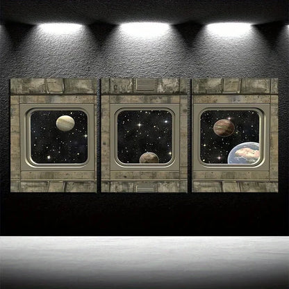 3pcs Dark Sci-fi Style Black Metal Starship Deck Metal Print Ready to Hang Art - Bella Home Decor