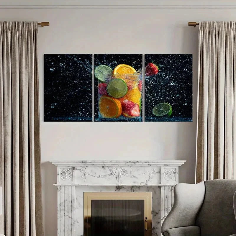 3pcs Vibrant Fruits Splash Artistic Photography Metal Print Ready to Hang Art - Bella Home Decor