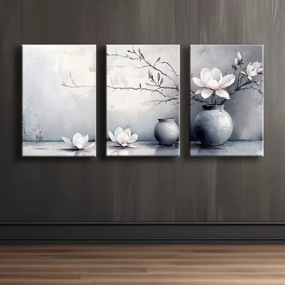 3pcs Magnolia flowers and Vases Wall Art Set Canvas Framed 50x70cm - High Quality Print 100% Australian Made Wall Canvas Ready to Hang