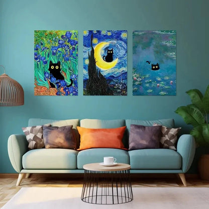 3pcs Black Cat in Famous Artwork Metal Print Ready to Hang Art - Bella Home Decor