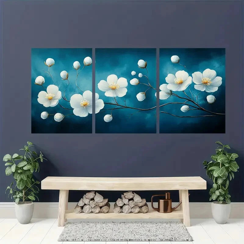 3pcs Elegant White Flower Dark Blue Background Metal Print Ready to Hang Art - Bella Home Decor