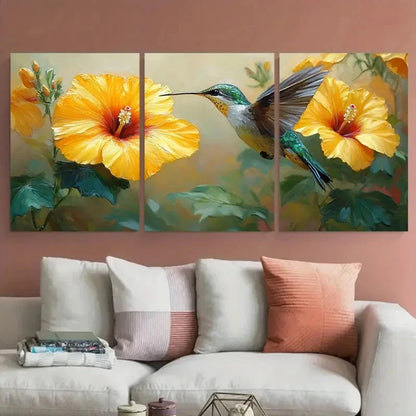 3pcs Vibrant Yellow Hibiscus Florals Hummingbird Metal Print Ready to Hang Art - Bella Home Decor