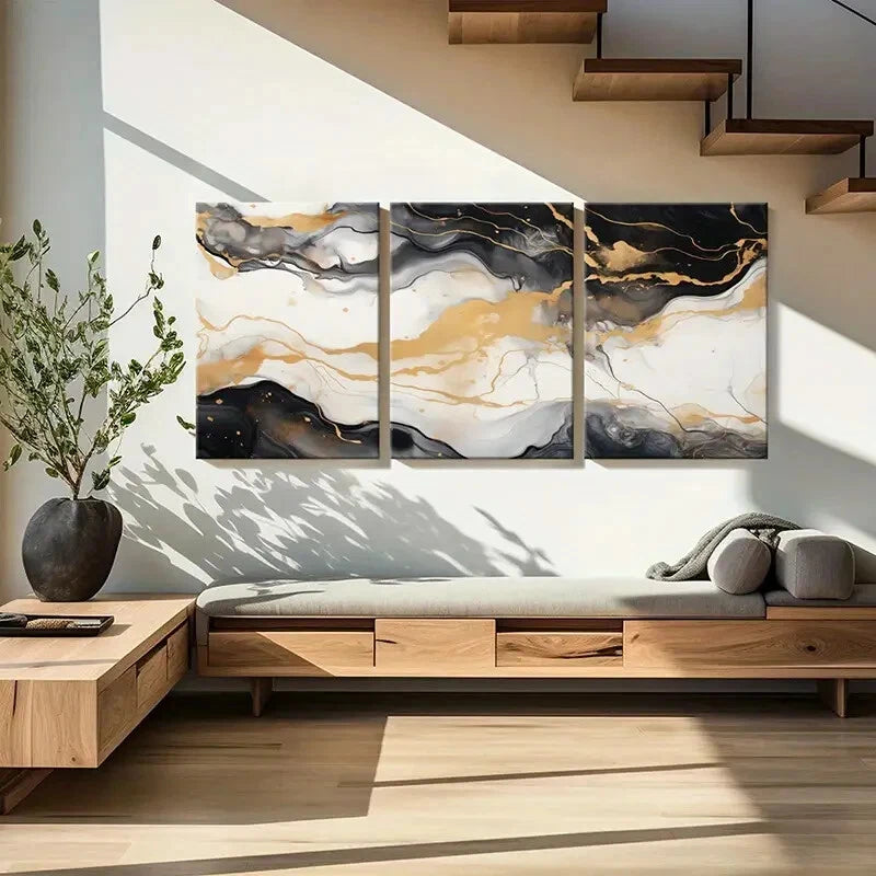 3pcs Abstract Art Golden Black White Poster Metal Print Ready to Hang Art - Bella Home Decor