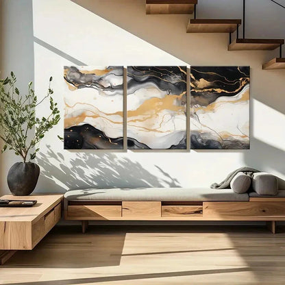 3pcs Abstract Art Golden Black White Poster Metal Print Ready to Hang Art - Bella Home Decor
