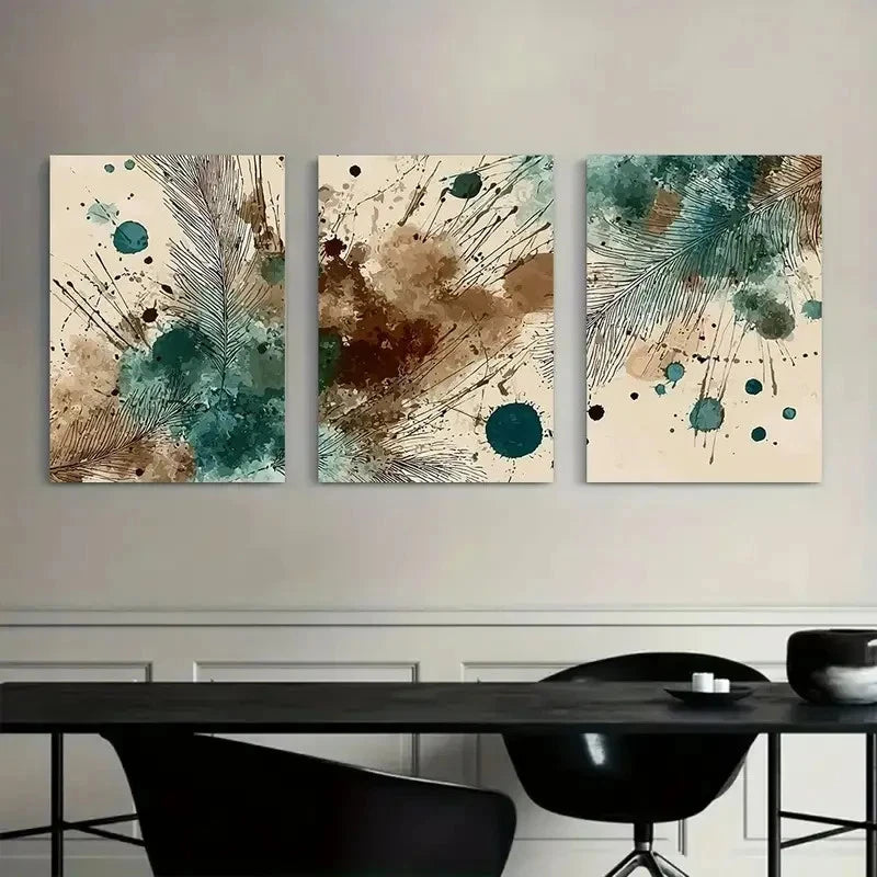 3pcs Brown and Teal Watercolor Splashes Metal Print Ready to Hang Art - Bella Home Decor