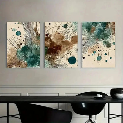 3pcs Brown and Teal Watercolor Splashes Metal Print Ready to Hang Art - Bella Home Decor
