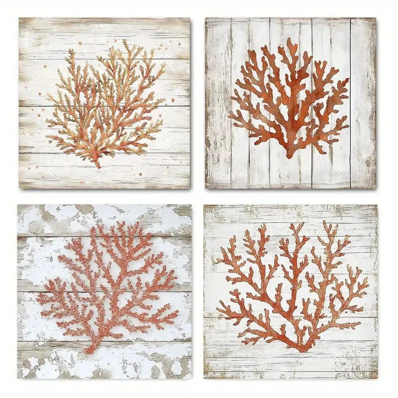 4pcs Orange Coral Beach Poster Wall Art Canvas Framed