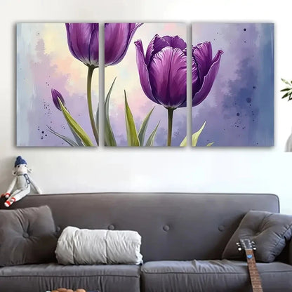 3pcs Purple Tulip Floral Wall Art Set Canvas Framed 60x90cm - High Quality Print 100% Australian Made Wall Canvas Ready to Hang