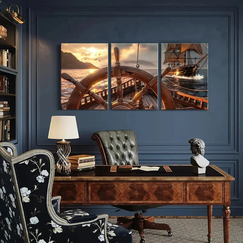 3pcs Rudder Sunset Ship Ocean Birds Art Painting Metal Print Ready to Hang Art - Bella Home Decor