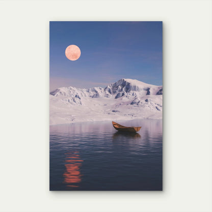 Pink Moon Over Frozen Mountain Range and Serene Water 40x60cm Metal Print Ready to Hang