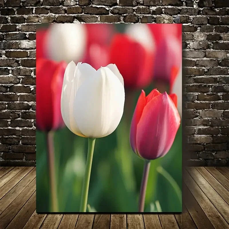 Red & White Tulips with Green Foliage,Painting 40x60cm Metal Print Ready to Hang - Bella Home Decor