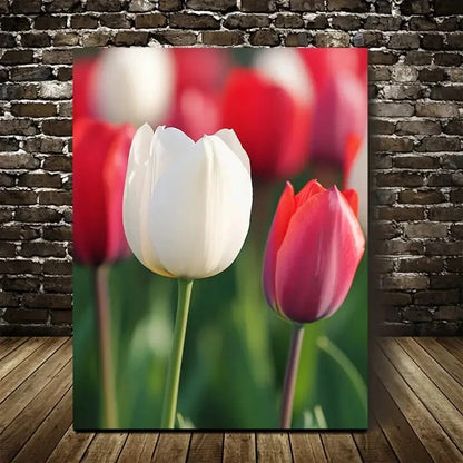 Red & White Tulips with Green Foliage,Painting 40x60cm Metal Print Ready to Hang - Bella Home Decor