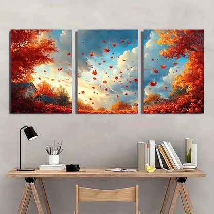 3pcs Giclee Autumn Landscape Falling Leaves Metal Print Ready to Hang Art - Bella Home Decor