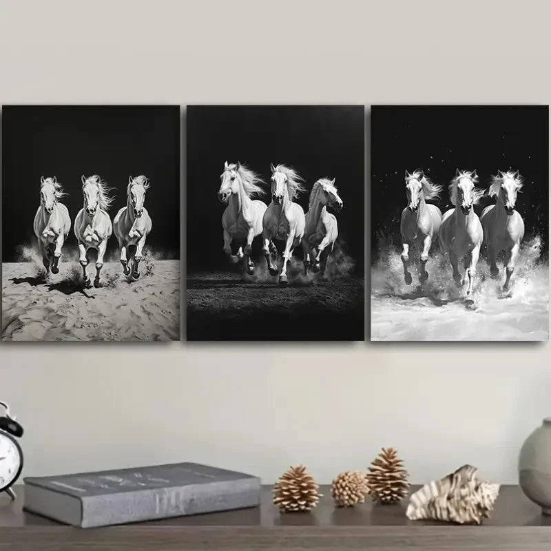 3pcs Three White Horses Are Running Painting Metal Print Ready to Hang Art - Bella Home Decor