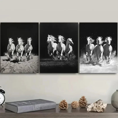 3pcs Three White Horses Are Running Painting Metal Print Ready to Hang Art - Bella Home Decor