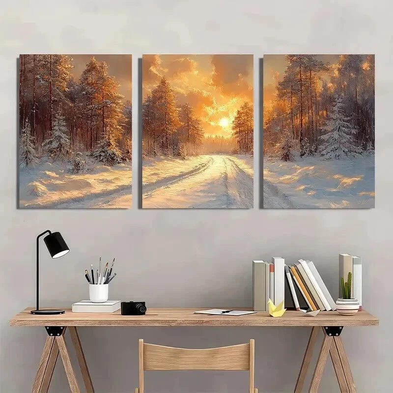 3pcs Snowy Forest with Golden Sunlight Wall Art Set Canvas Framed 60x90cm - High Quality Print 100% Australian Made Wall Canvas Ready to Hang - Bella Home Decor