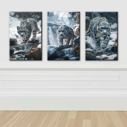 3pcs Snow Leopard Animal Print Wall Art Set Canvas Framed 50x70cm - High Quality Print 100% Australian Made Wall Canvas Ready to Hang