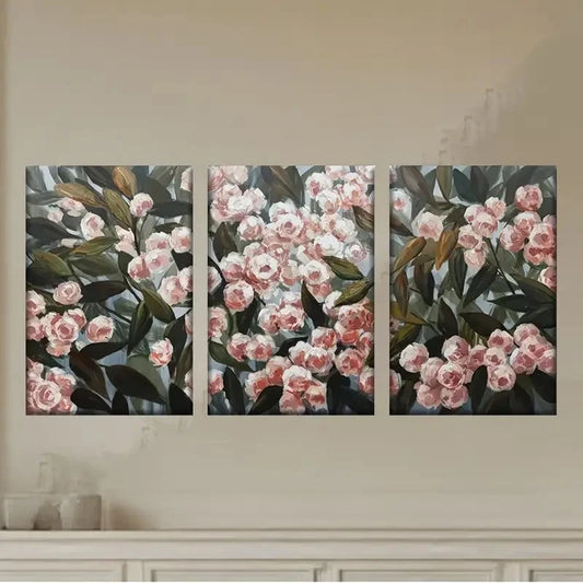 3pcs a painting of pink flowers on a blue Wall Art Set Canvas Framed 50x70cm - High Quality Print 100% Australian Made Wall Canvas Ready to Hang