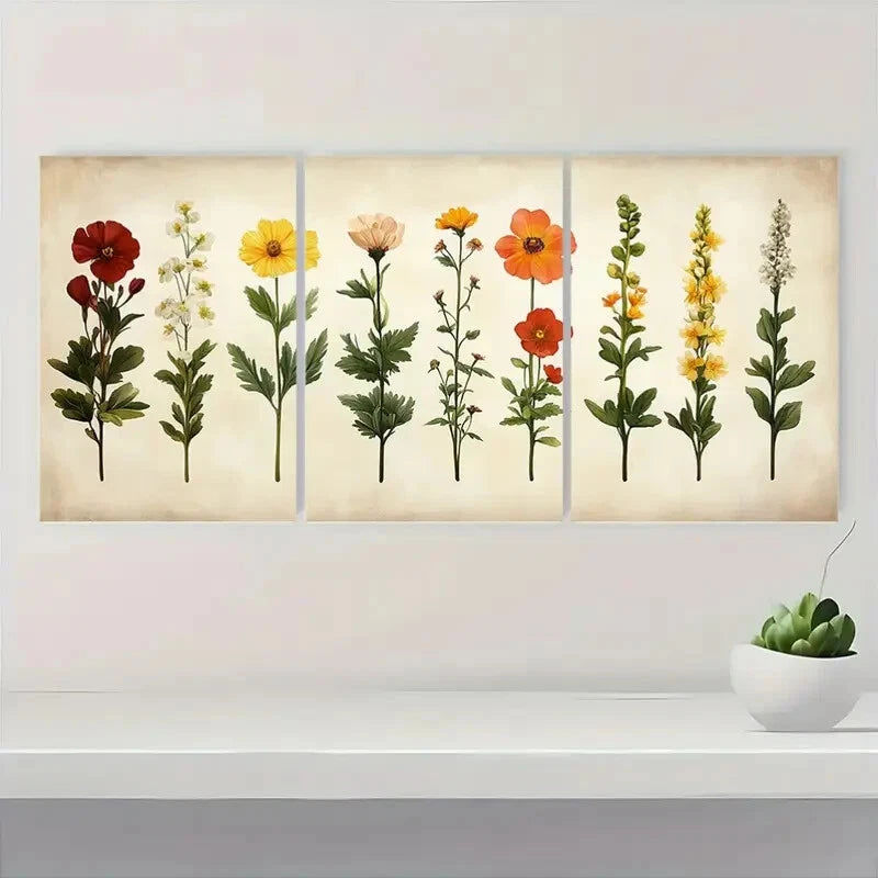 3pcs Minimalist Wildflower Botanical Illustrations Metal Print Ready to Hang Art