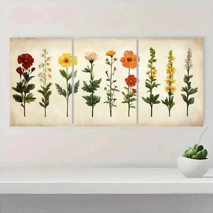 3pcs Minimalist Wildflower Botanical Illustrations Metal Print Ready to Hang Art