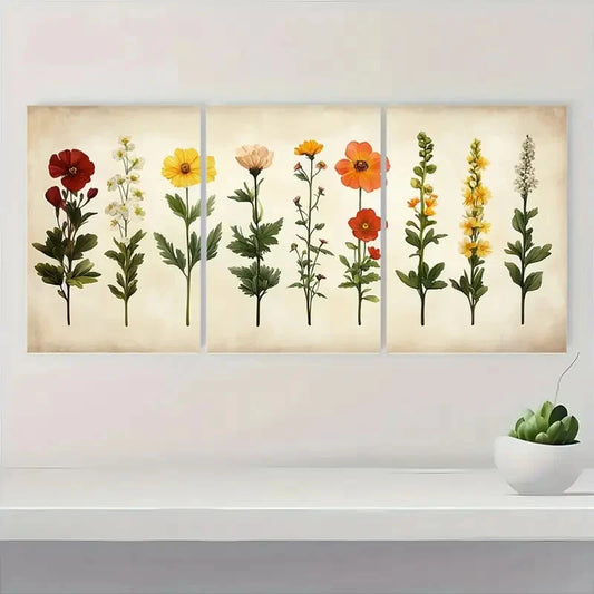 3pcs Minimalist Wildflower Botanical Illustrations Metal Print Ready to Hang Art