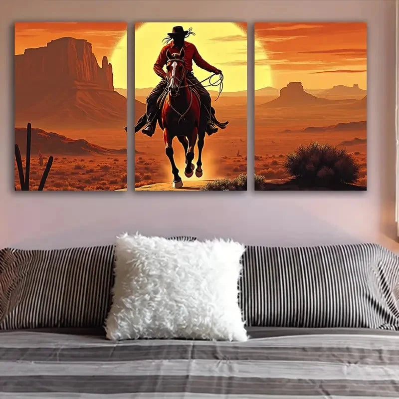 3pcs Cowboy Riding Horse In Desert Wall Art Set Canvas Framed 40x60cm - High Quality Print 100% Australian Made Wall Canvas Ready to Hang - Bella Home Decor