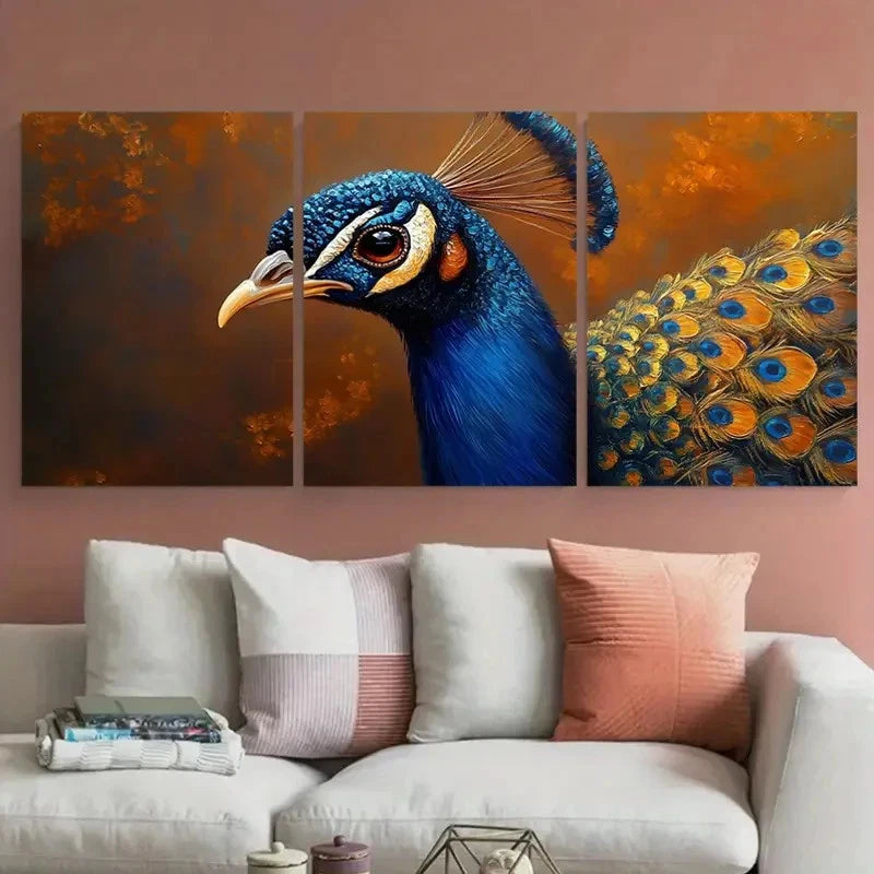 3pcs Peacock Bird Closeup Impasto Illustration Metal Print Ready to Hang Art