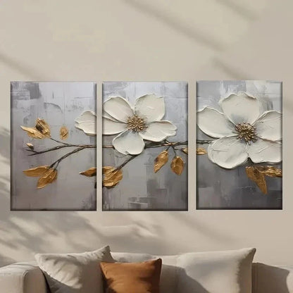 3pcs White Flower with Golden Leaves Wall Art Set Canvas Framed 50x70cm - High Quality Print 100% Australian Made Wall Canvas Ready to Hang