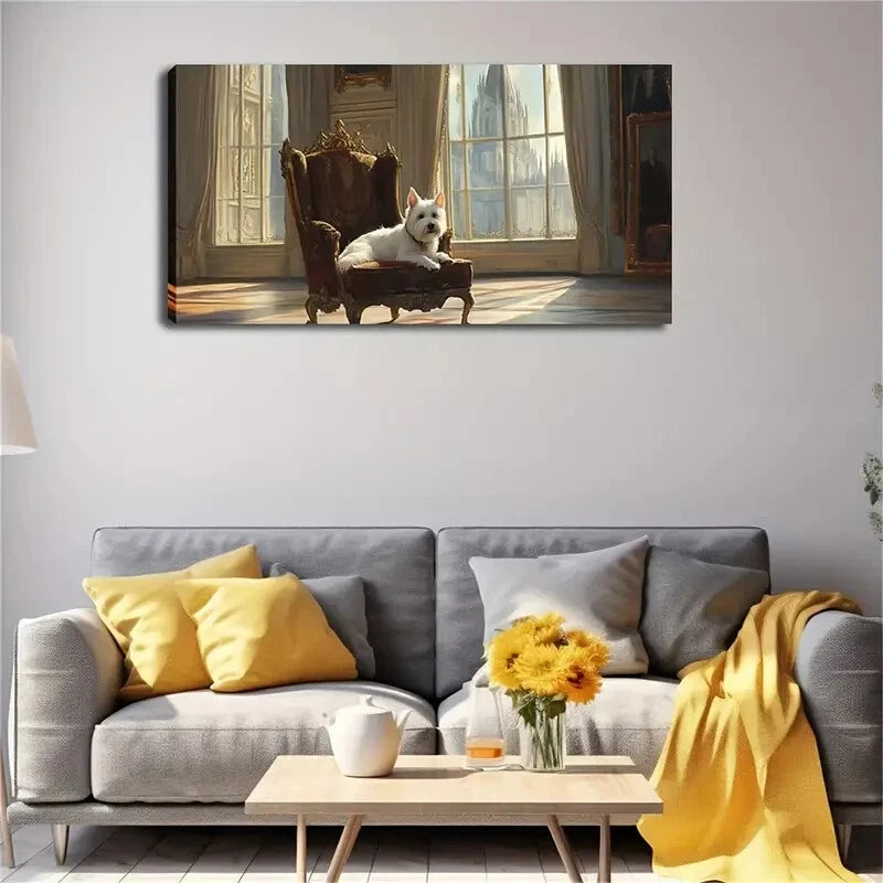 Elegant White Terrier Vintage Wall Art Canvas Office Home Room Framed 120x60cm - Bella Home Decor