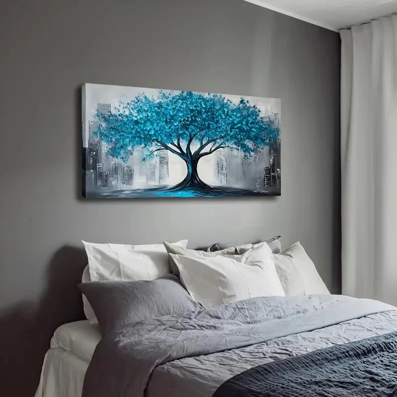 Vibrant Blue Tree Canopy Wall Art Canvas Office Home Room Framed 120x60cm