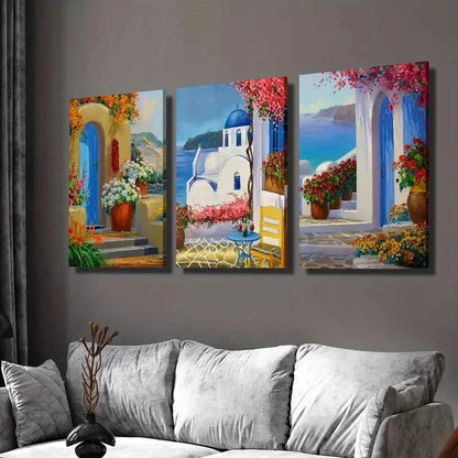 3pcs Santorini Greece Landscape & Floral Garden Wall Art Set Canvas Framed 50x70cm - High Quality Print 100% Australian Made Wall Canvas Ready to Hang