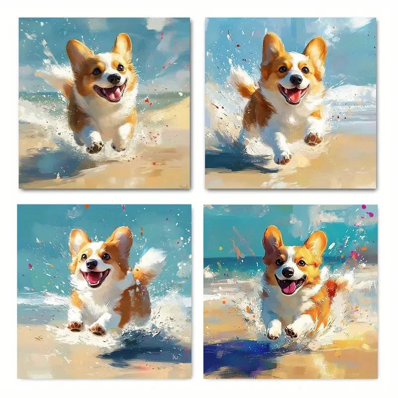 4pcsVibrant Corgi Running on Beach Wall Art Canvas Framed